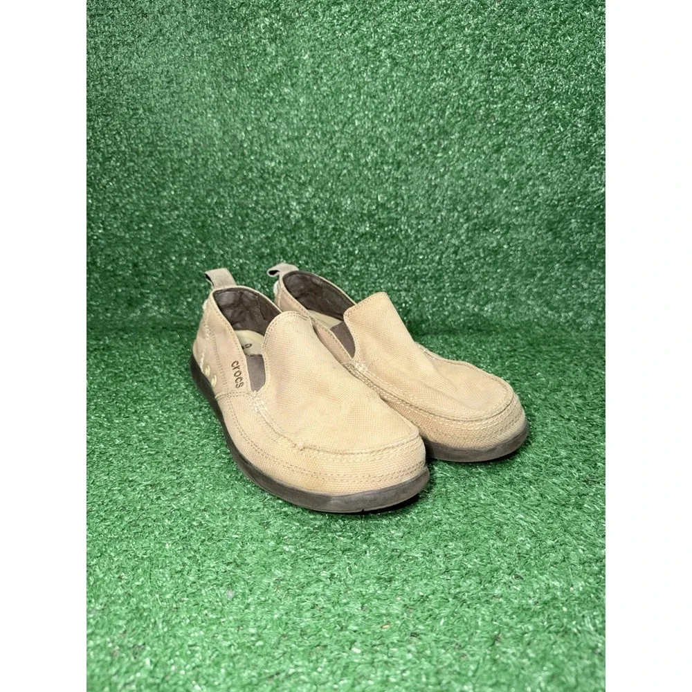 CROCS WALU Men's Size 9 Canvas Slip-On Boat Shoes Loafers Tan Khaki Brown